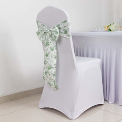 5 Pack Polyester Chair Sashes Dusty Sage Green French Toile Floral Design - Stylish Durable and Reusable Chair Bows 6"x108"