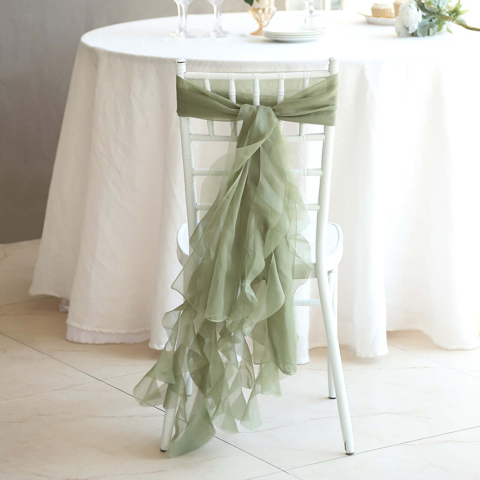 1 Set Chiffon Hoods Chair Sashes with Willow Ruffles Design Dusty Sage Green - Stylish Chair Bow Decor