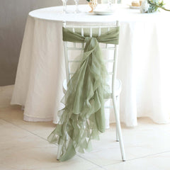 1 Set Chiffon Hoods Chair Sashes with Willow Ruffles Design Dusty Sage Green - Stylish Chair Bow Decor