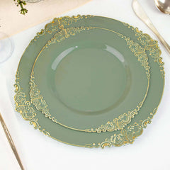 10-Pack Plastic 8" Round Dessert Plates in Dusty Sage Green with Gold Leaf Embossed Rim - Disposable Vintage Baroque Style Salad Plates