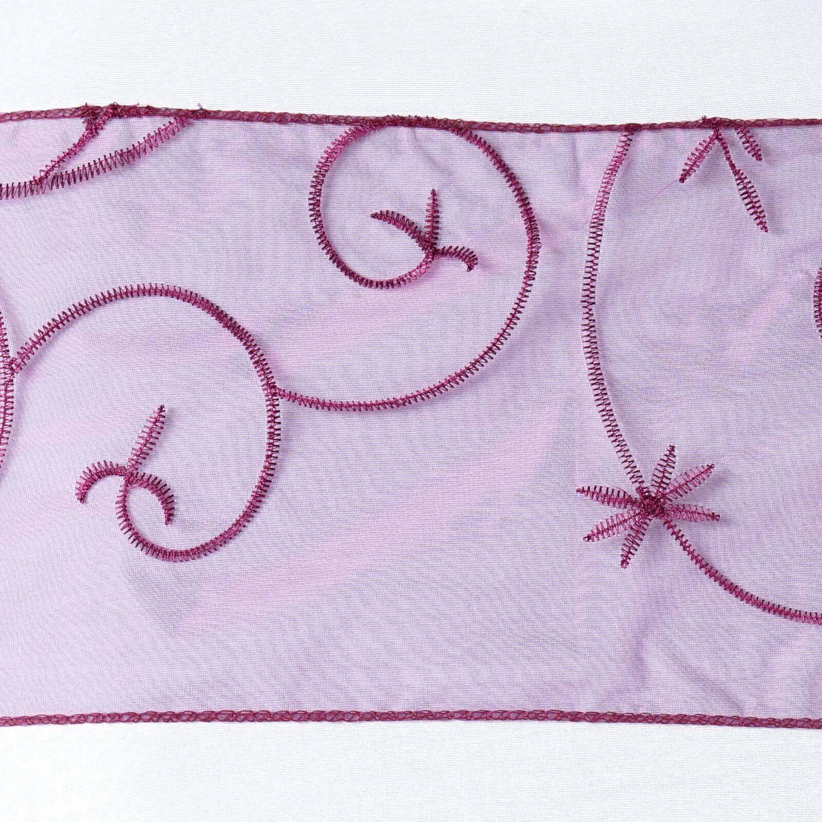 5 Pack Organza Chair Sashes with Satin Leaf Embroidery Eggplant - Reusable Sheer Design 7"x108"