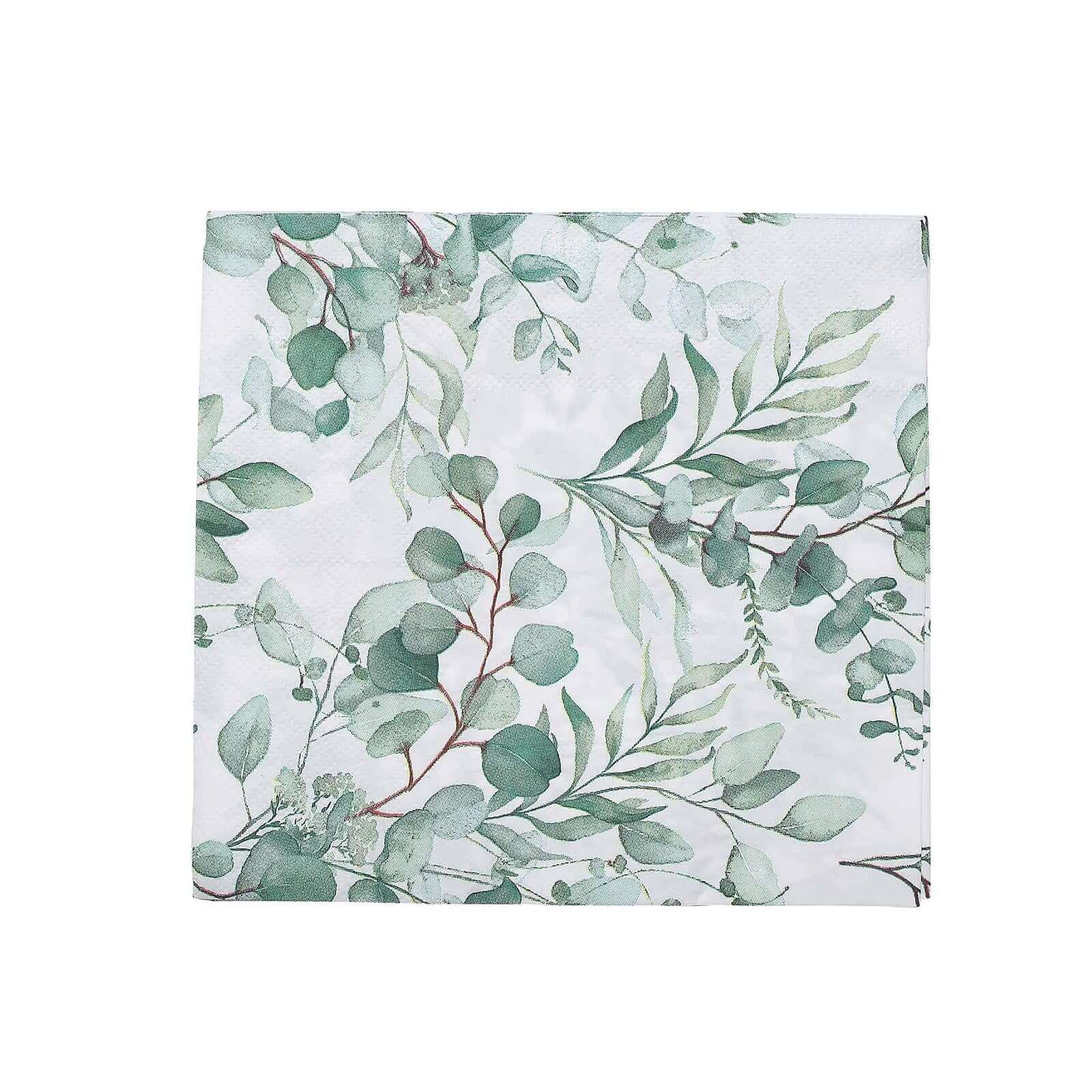 50-Pack Paper Beverage Napkins with Green Foliage Eucalyptus Leaves Design - 2 Ply Soft 18GSM Boho Wedding Napkins 6.5"x6.5"