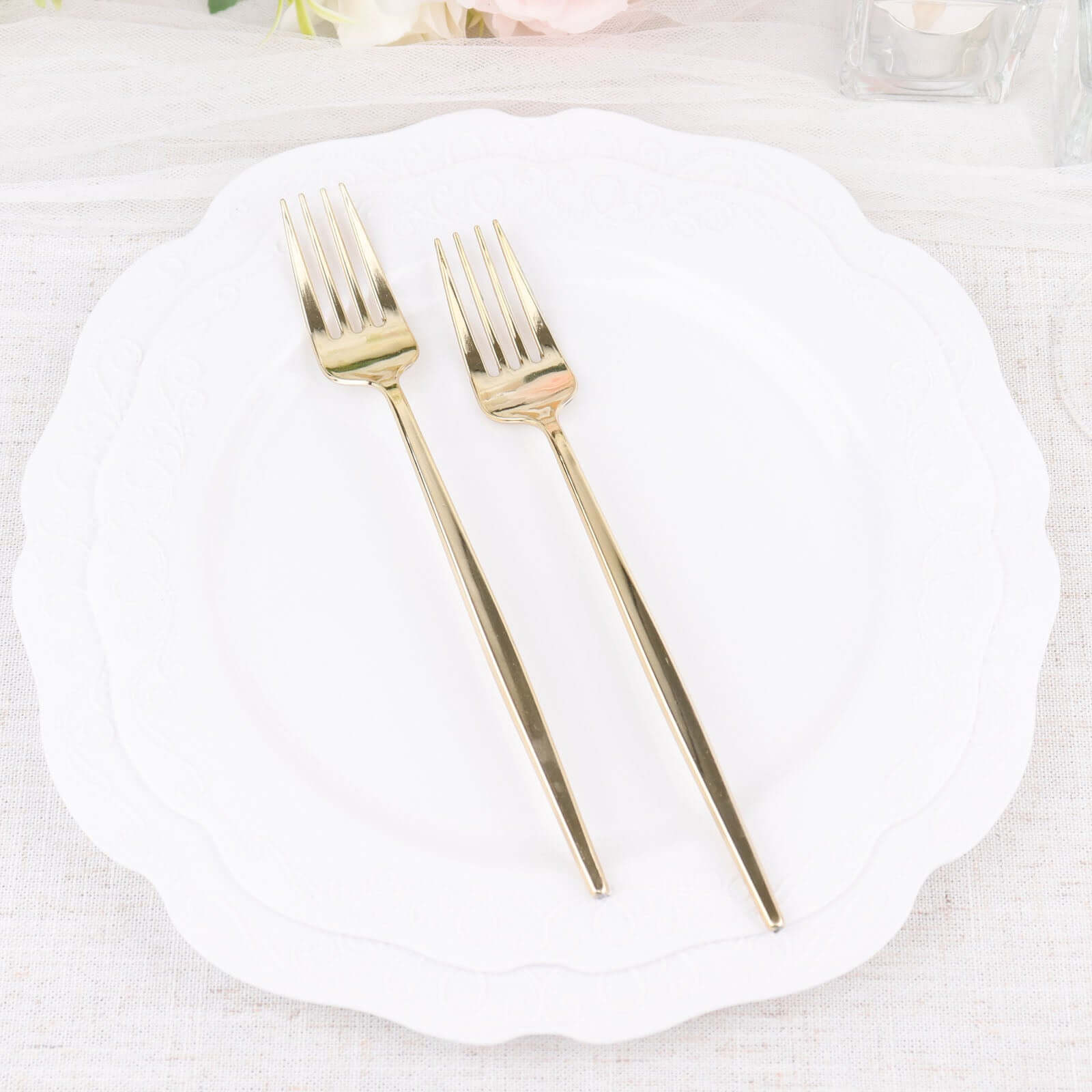 24 Pack 8" Glossy Gold Heavy Duty Plastic Silverware Forks Cutlery, Premium Disposable Sleek Flatware