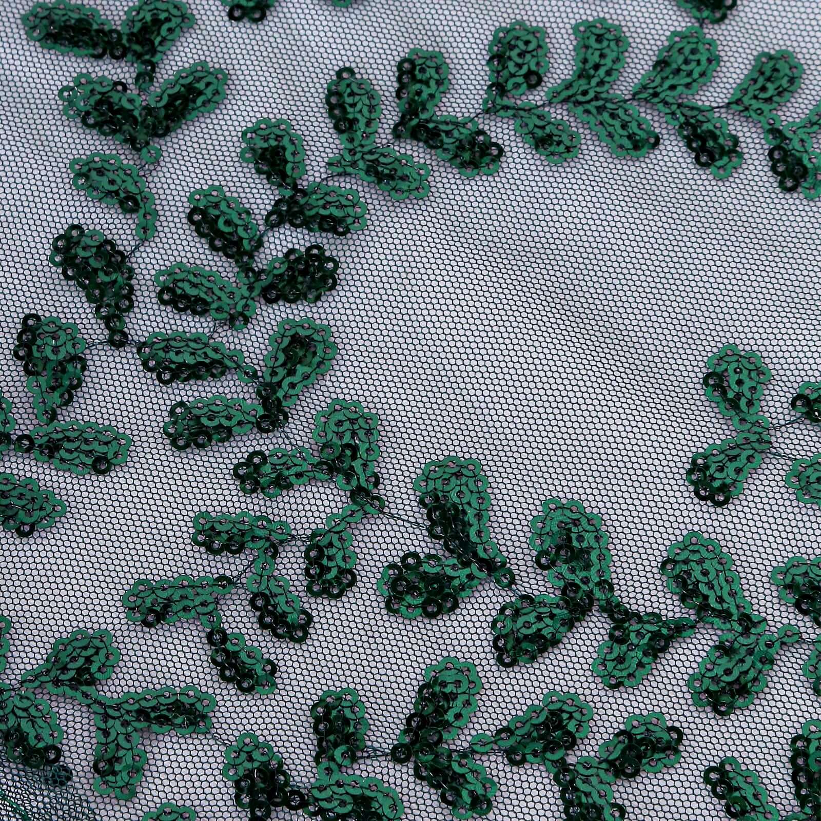 Tulle 120" Round Tablecloth Hunter Emerald Green - Seamless Sequin Leaf Embroidered Table Cover