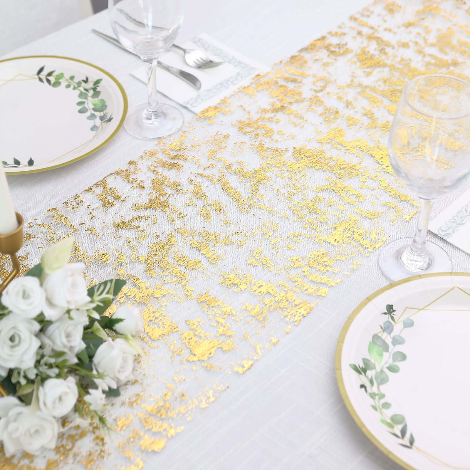 Mesh Polyester 108" Table Runner Roll Metallic Gold Distressed Foil Printing Design - Disposable Stylish Party Table Decor