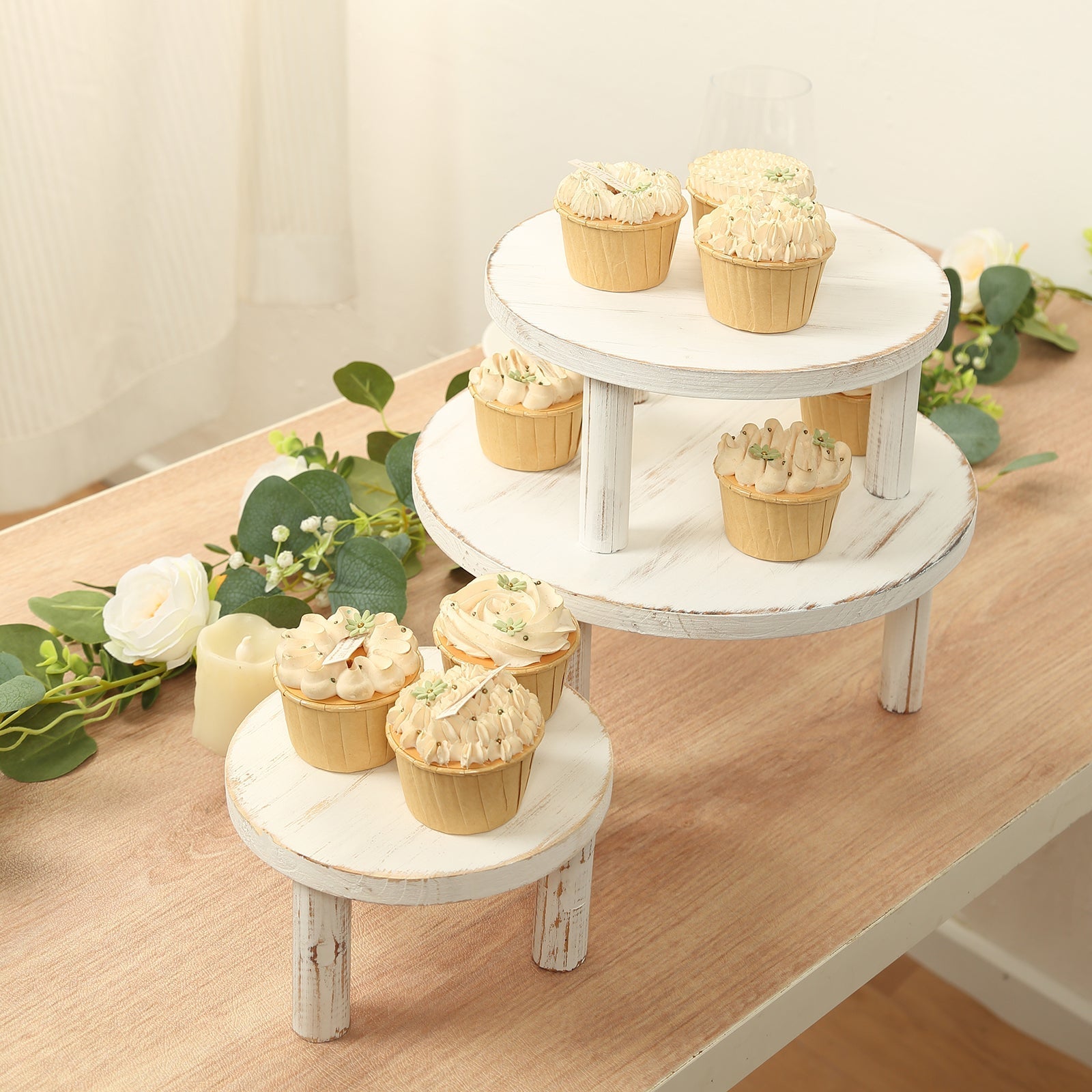 Set of 3 Wooden Pedestal Cake Stands Whitewash with Removable Legs - Stackable Round Rustic Plant Risers 7", 9.5", 12"