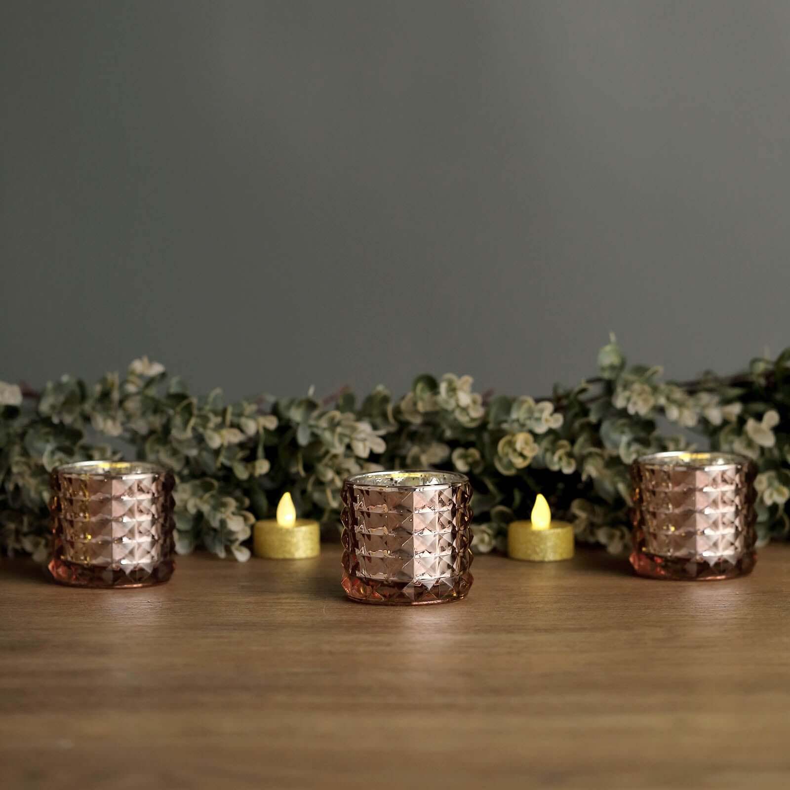 6-Pack Mercury Glass Votive Holders Studded Faceted Design Rose Gold - Tealight Candle Holders 3"