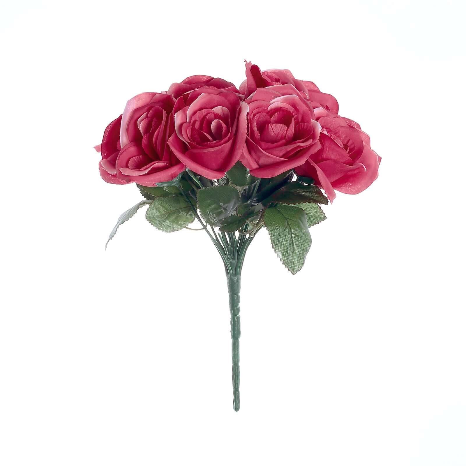 12" Fuchsia Artificial Velvet-Like Fabric Rose Flower Bouquet Bush