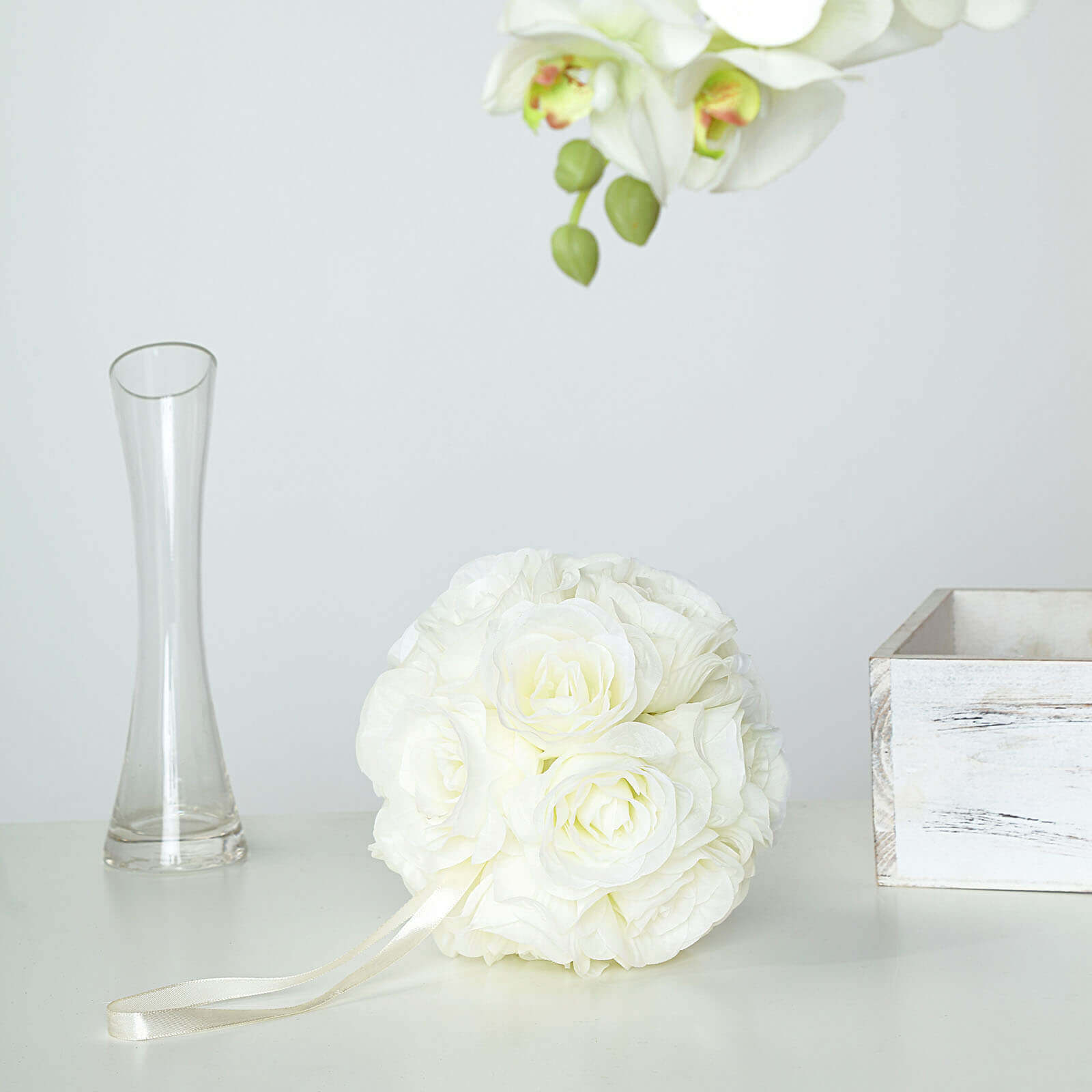 2 Pack 7" Cream Artificial Silk Rose Kissing Ball, Faux Flower Ball