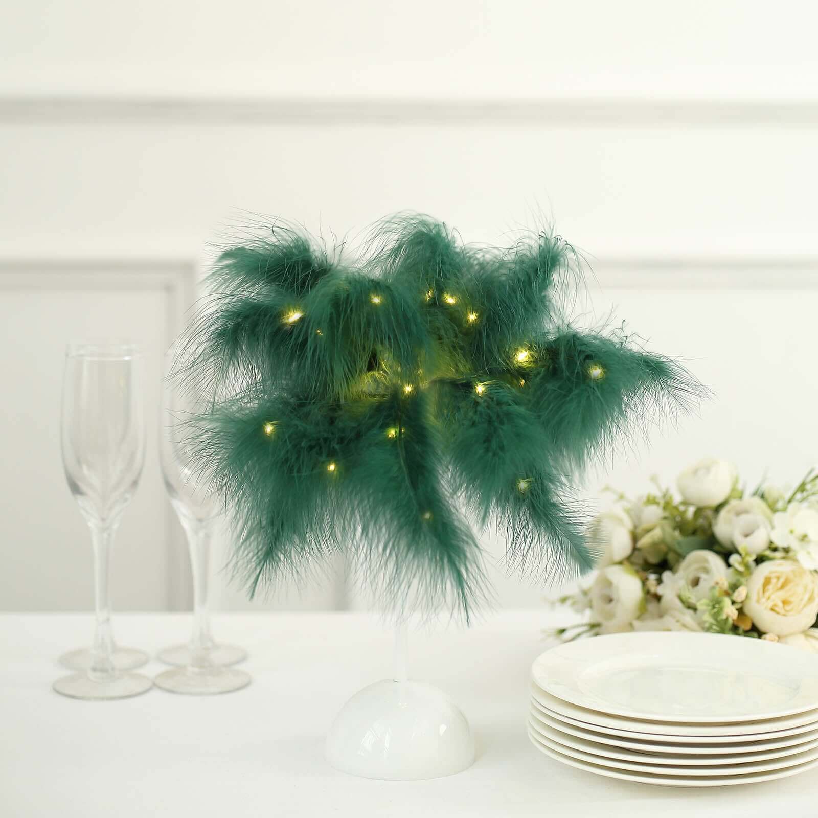 Table Lamp Feather Design Hunter Emerald Green LED Battery Operated - Cordless Wedding Centerpiece 15"