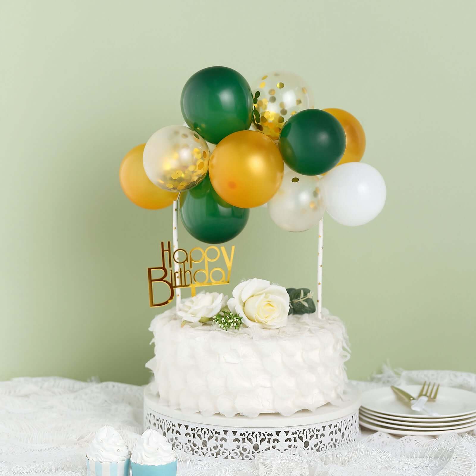 11 Pcs Balloon Cake Topper Clear, Gold, Hunter Green and White - Whimsical Clustered Mini Garland Cake Inserts DIY Party Decorations