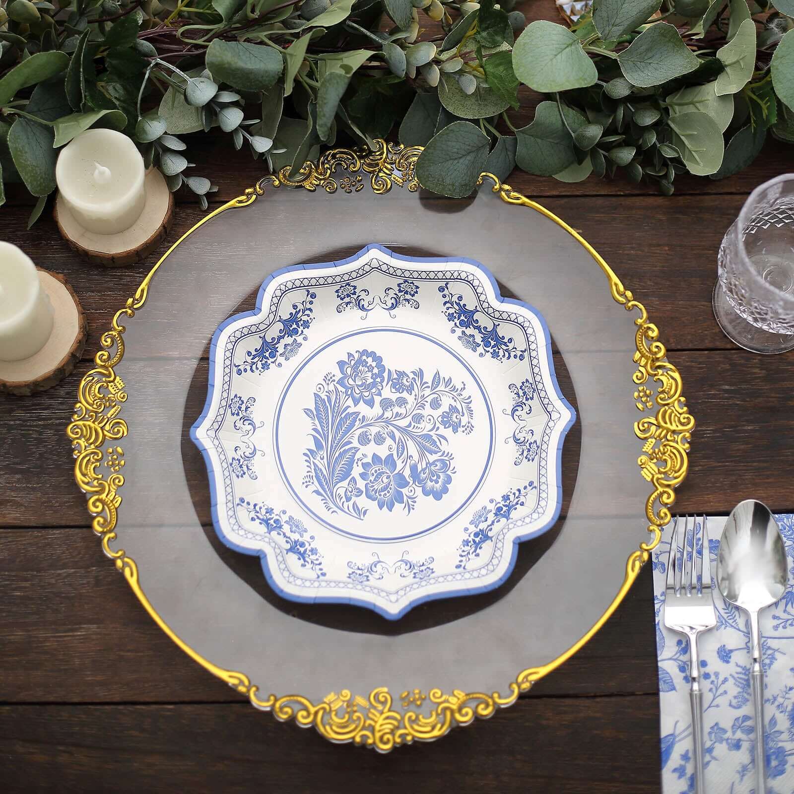 25-Pack Paper Dessert Plates in White with Light Blue Damask Floral Print & Scallop Rim - Stylish Disposable 300GSM Floral Salad Appetizer Plates 8"