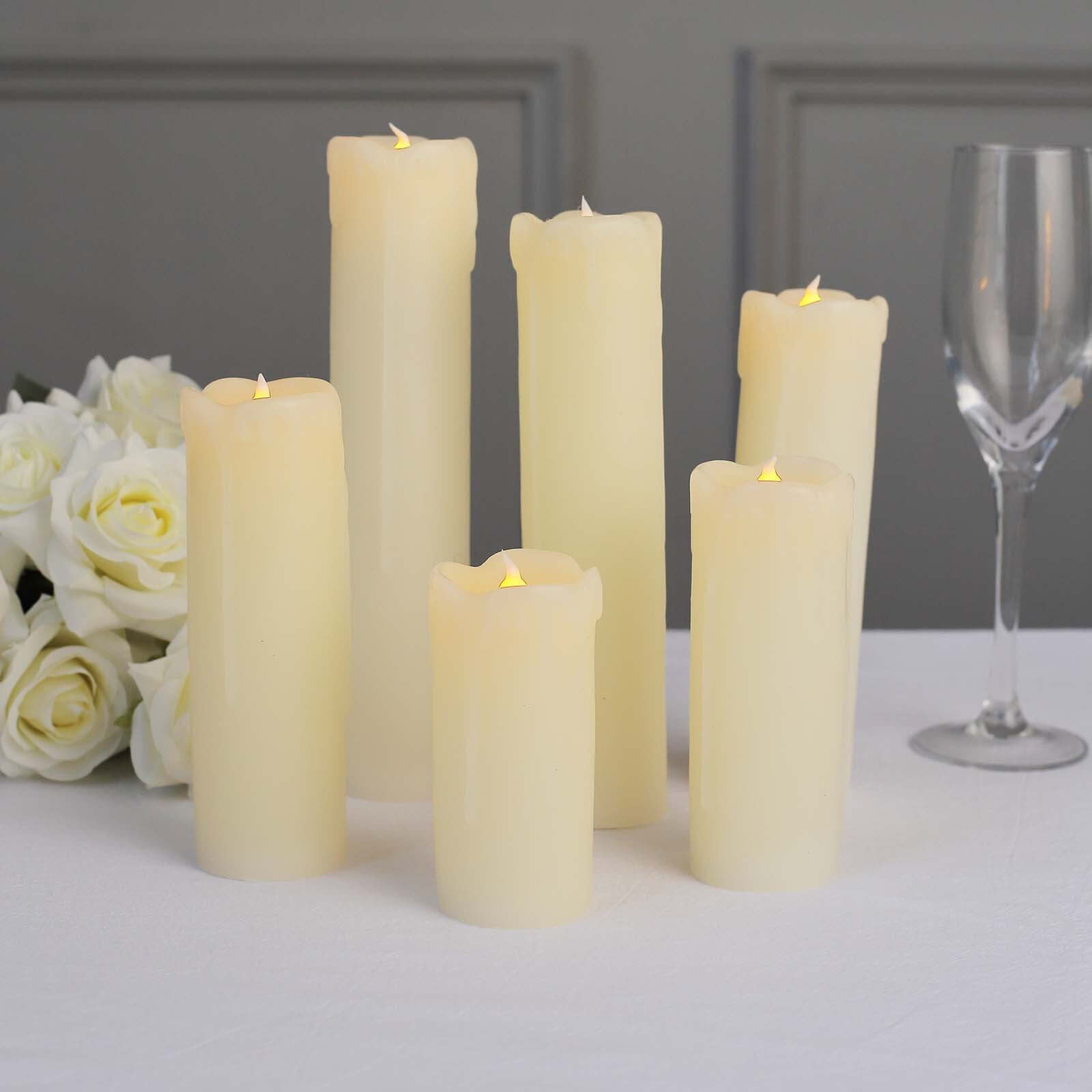 Set of 6 LED Flameless Luminaria Candles Drip Wax Ivory - Battery Operated Pillar Lighting