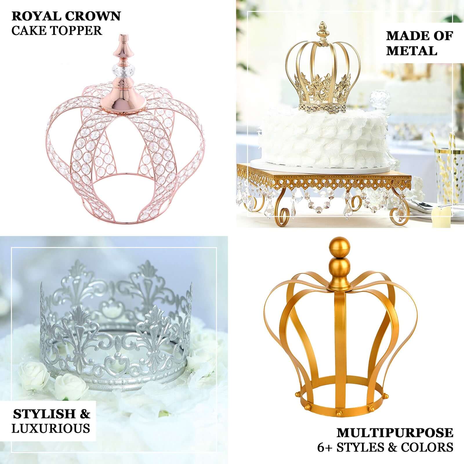 Metal Royal Crown Cake Topper Gold - Stunning Cake Centerpiece Decoration with Intricate Fleur-De-Lis Sides for Glamorous Events & Special Occasions 8"