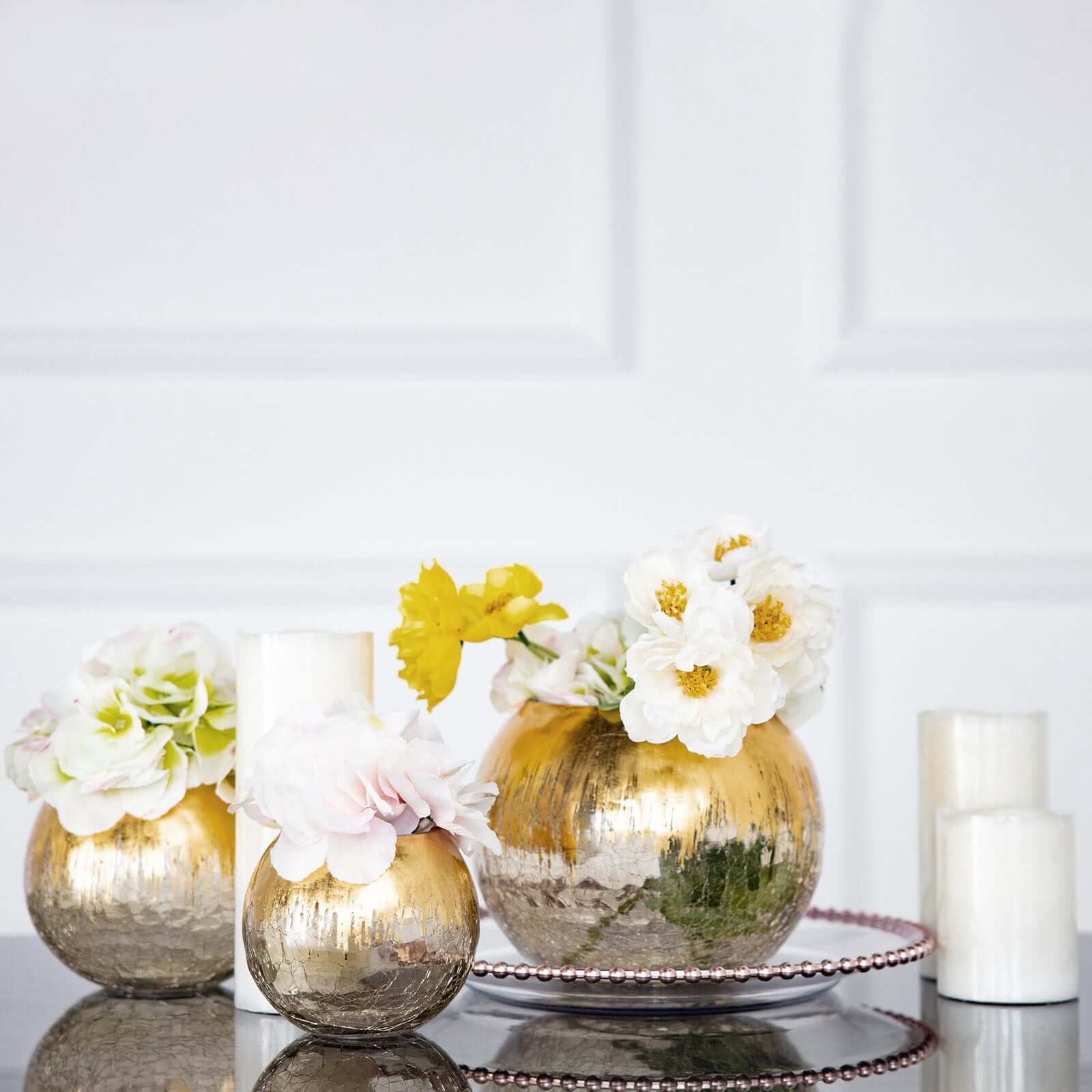 Glass Bud Vase Gold Foiled Crackle Bubble Bowl - Classy Floral Centerpiece for Weddings 4"