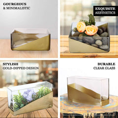 2-Pack Glass Vases Square Design Gold Dipped - Decorative Candle Holders for Floral Centerpieces 6"