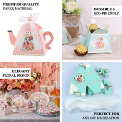 25 Pack 4" Light Turquoise Mini Teapot Favor Boxes, Vintage Rose Gift Boxes with Ribbons