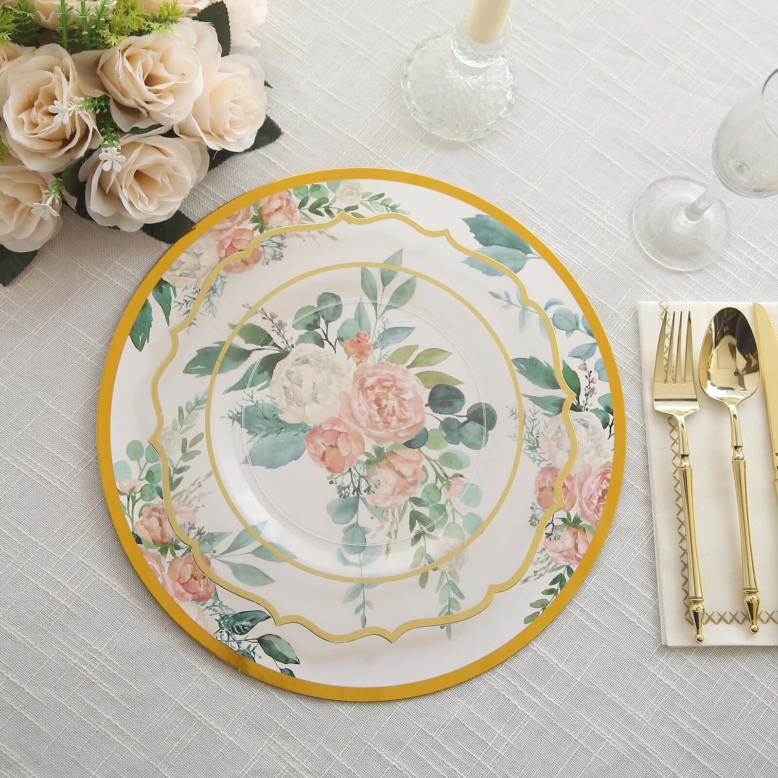 6-Pack Disposable Charger Plates in Floral Print 13" in White/Pink with Gold Rim - 700GSM Paper Chargers for Stylish & Easy Cleanup