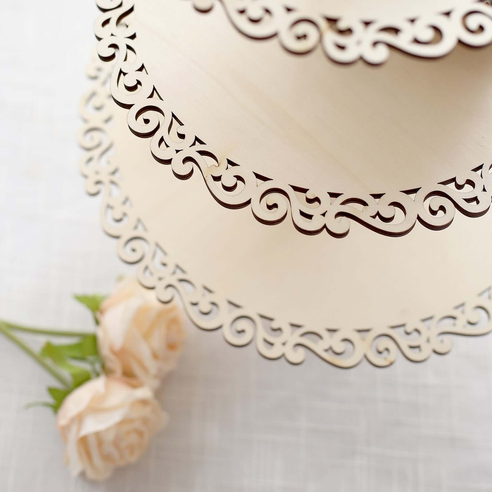 3-Tier Wooden Cupcake Stand Floral Edge Design Natural - Rustic Round Dessert Display Table Centerpiece 16"