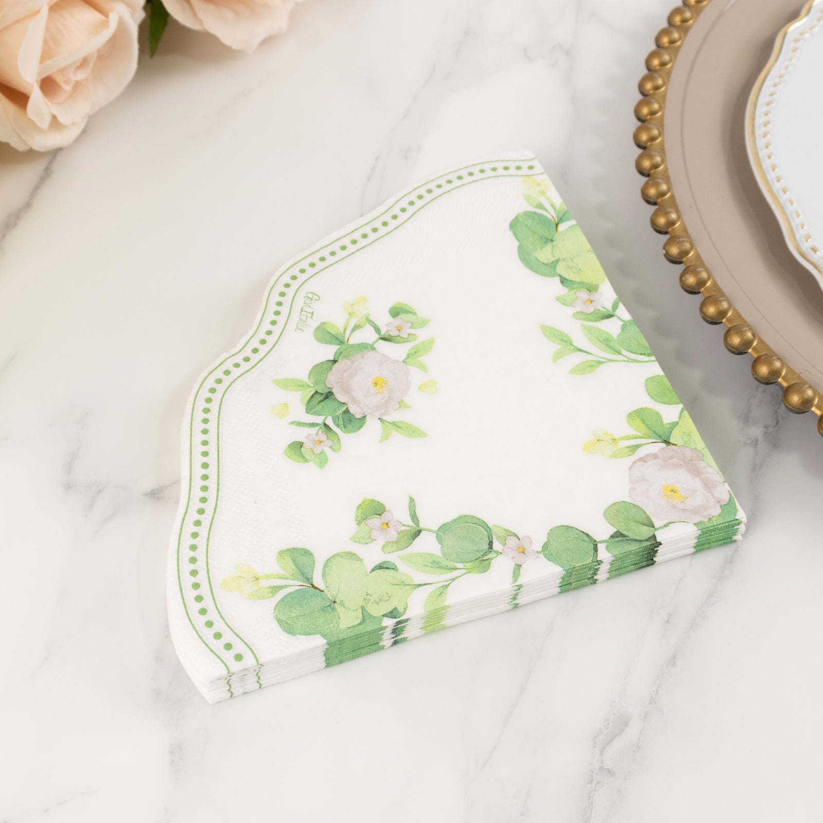 25-Pack Round Paper Cocktail Napkins with Floral Greenery and Scalloped Edge White - Disposable 2 Ply Beverage Napkins 12"