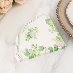 25-Pack Round Paper Cocktail Napkins with Floral Greenery and Scalloped Edge White - Disposable 2 Ply Beverage Napkins 12"