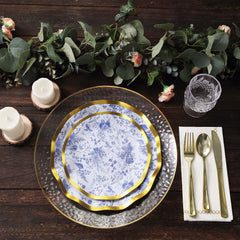 25-Pack Paper Round Dinner Plates 10" in White with Blue French Toile Pattern & Gold Wavy Rim - Disposable 350GSM Party Plates