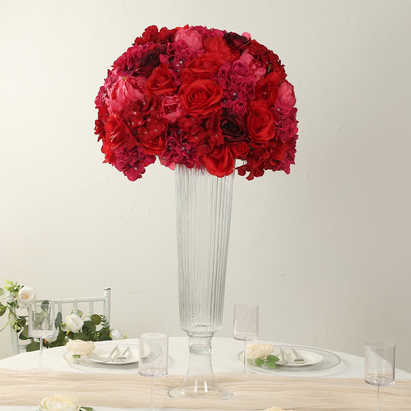 Pre-Arranged Silk Rose Bouquet Floral Arrangement Table Decor, Large Red Artificial Rose Flower Balls Wedding Centerpieces - 20"