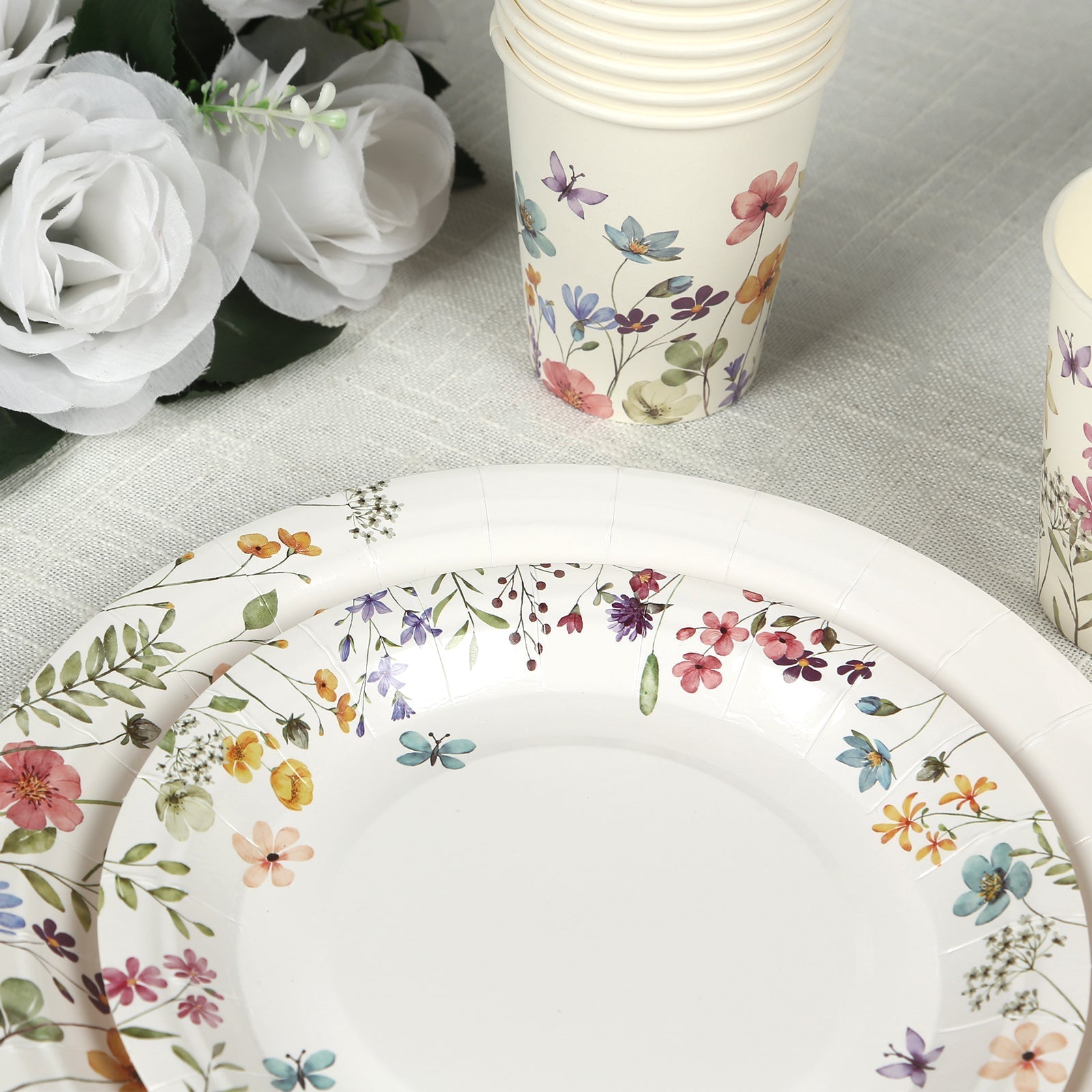 72 Pcs Paper Plates and Cups Set in White with Wildflower Butterfly Print - Disposable Party Supplies for Spring & Garden Themes