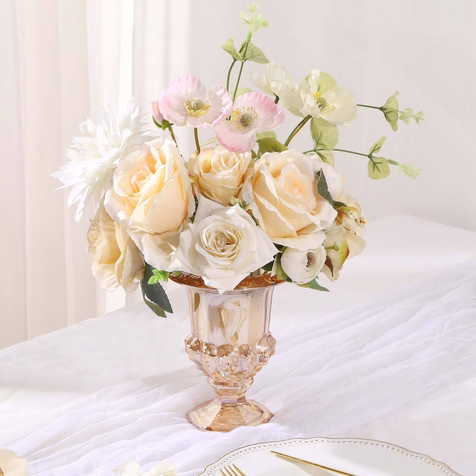 2-Pack Glass Mini Pedestal Flower Vases in Classic Roman Urn Style Amber Gold - Sophisticated Wedding Table Centerpieces 6"