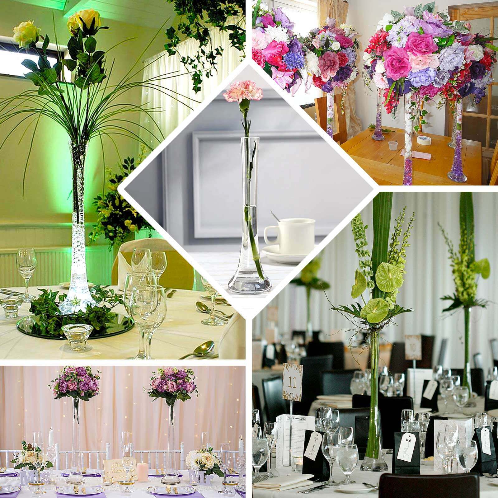 6-Pack Glass Eiffel Tower Vases Clear with Round Base - Tall Skinny Flower Bud Wedding Centerpieces 20"