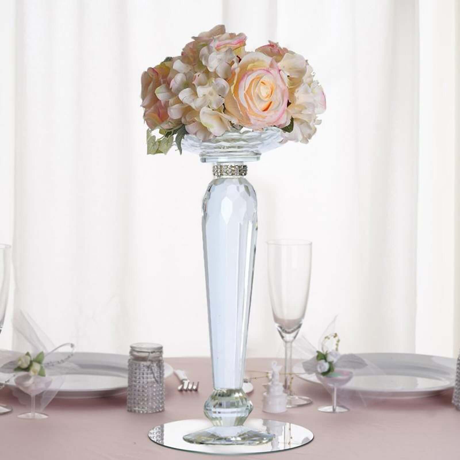 2-Pack Cut Crystal Glass Pillar Candle Holder Stands, Kissing Ball Flower Pedestals 11"