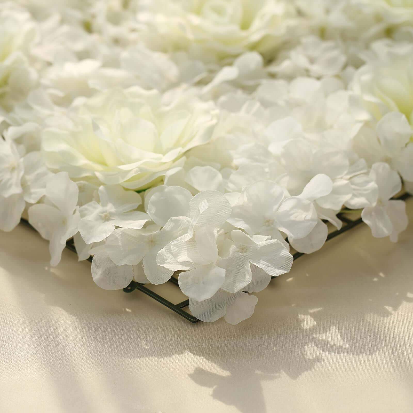 11 Sq ft. Cream 3D Silk Rose and Hydrangea Flower Wall Mat Backdrop - 4 Artificial Panels