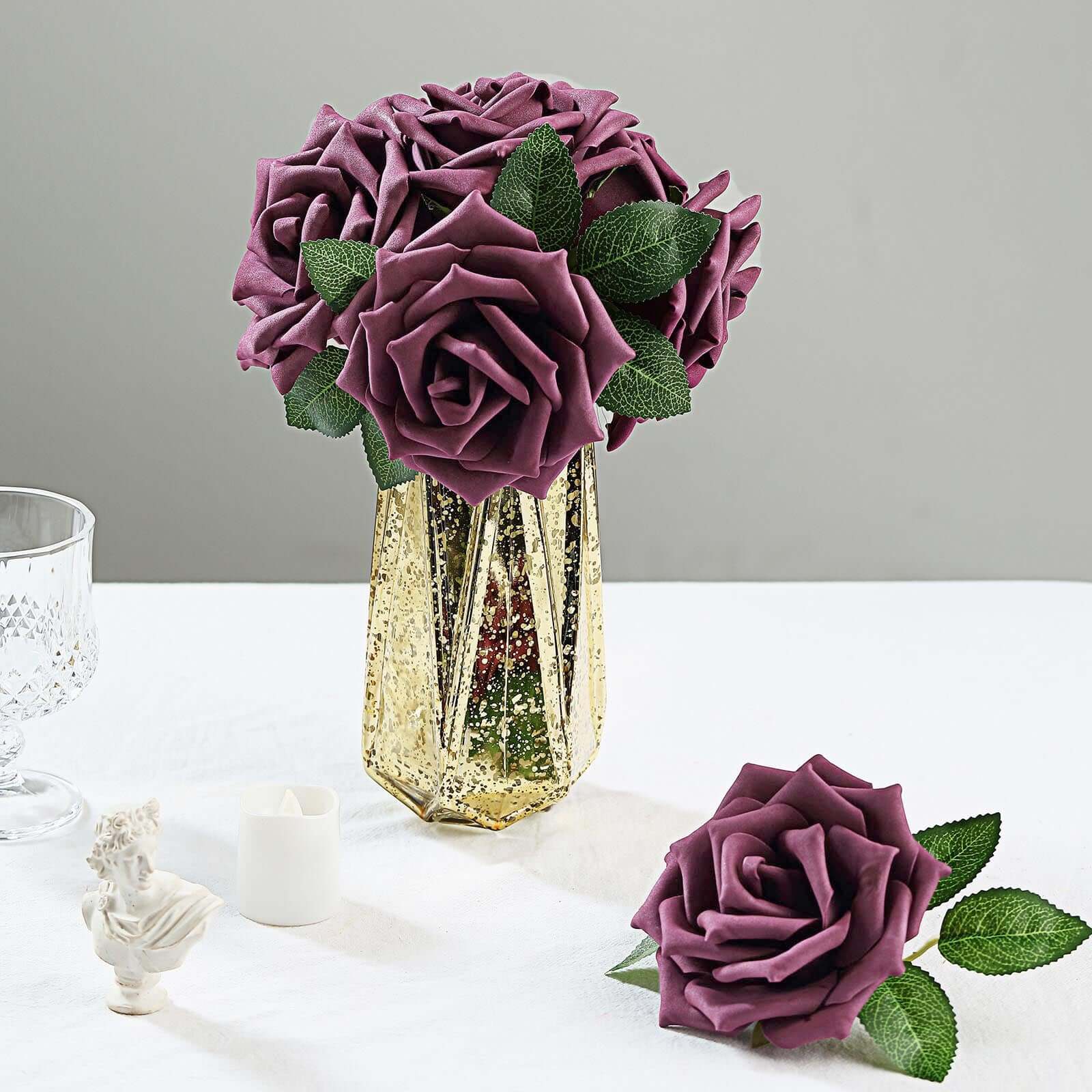 24 Roses 5" Eggplant Artificial Foam Flowers With Stem Wire and Leaves