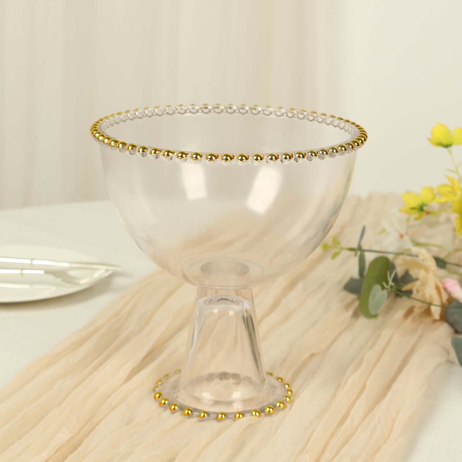 Compote Pedestal Bowl Glass Flower Vase Clear with Gold Beaded Rim - Footed Candy Trifle Bowl for Displays 8"