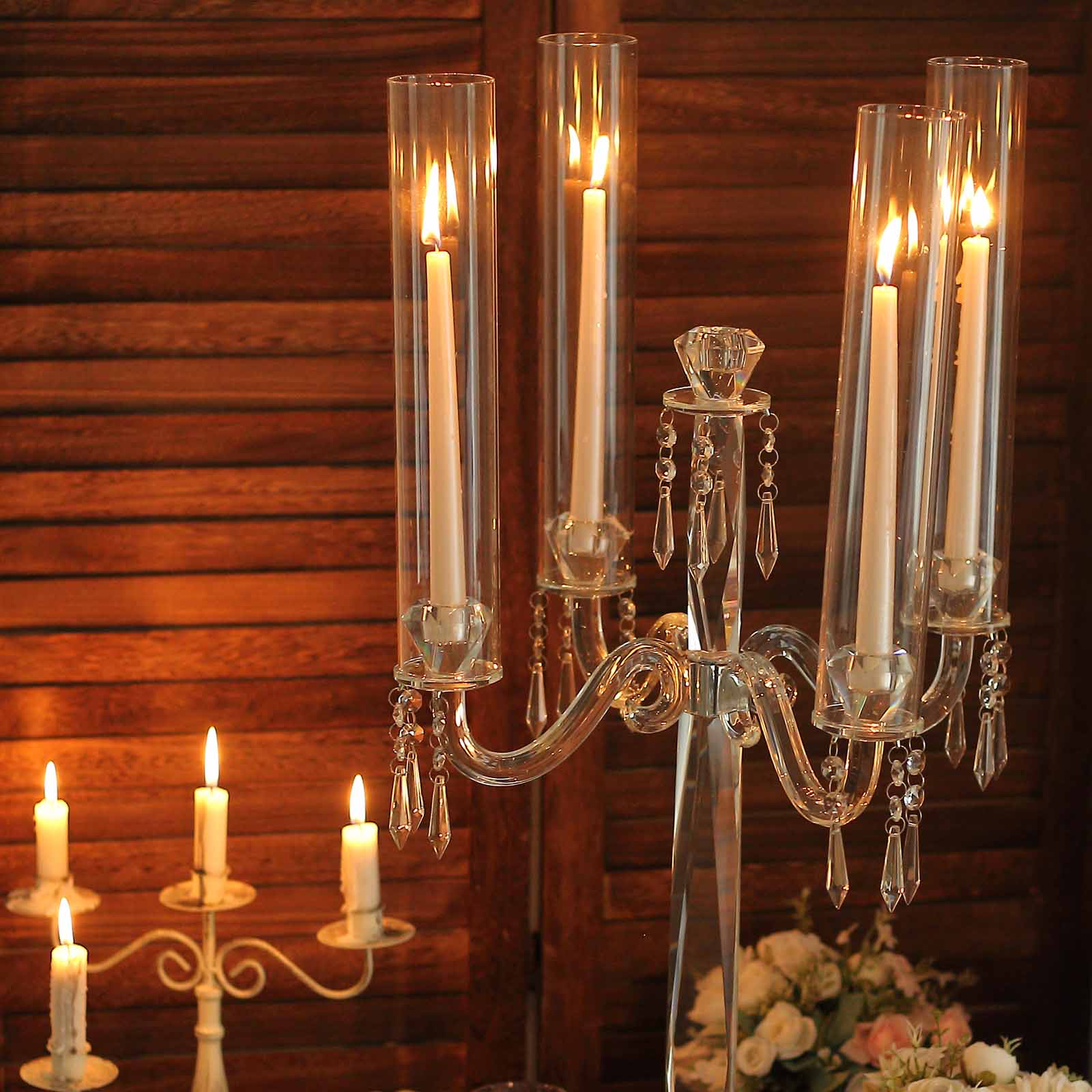 4 Arm Crystal Glass Taper Candle Holder Candelabra, Decorative Table Centerpiece With Chandelier Chains 36"