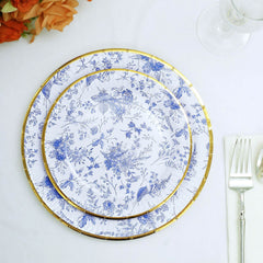 25-Pack Paper 7" Round Dessert Plates in White with Light Blue French Toile Pattern & Gold Rim - Disposable Salad Appetizer Plates for Luncheons & Garden Themes
