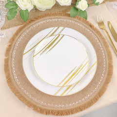 4-Pack Placemats White Embroidery Print Design Natural Jute Fringe Round - Rustic Burlap Woven Style 15"