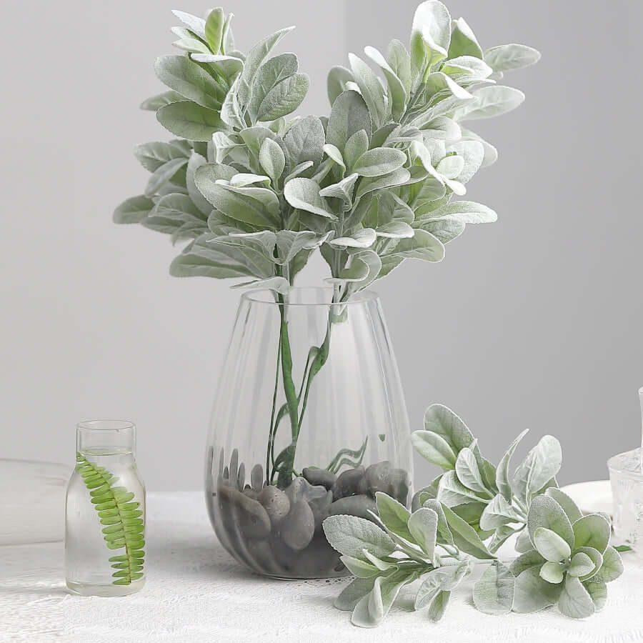 2 Stems 24" Tall Frosted Green Artificial Lambs Ear Leaf Indoor Plant