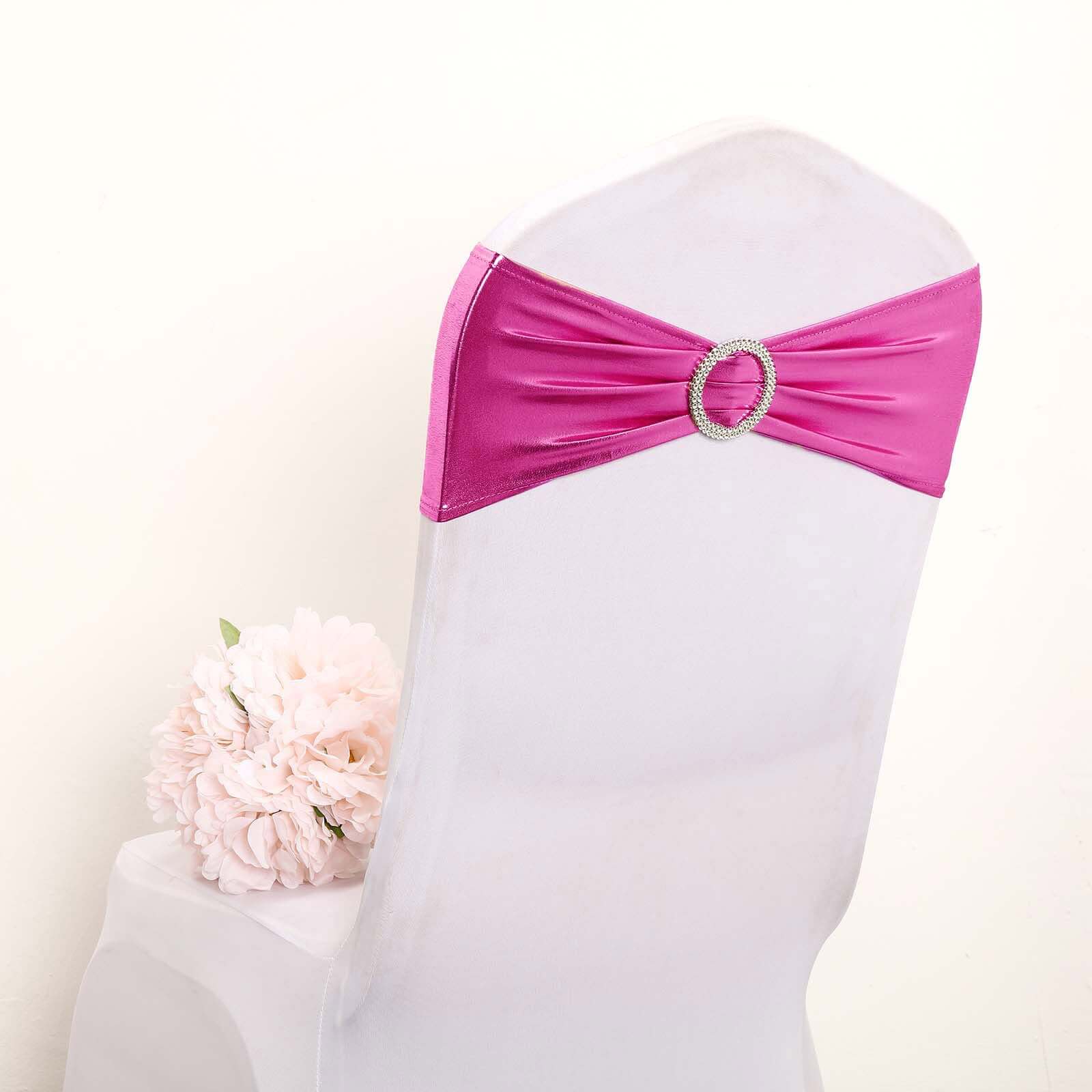 5 Pack Metallic Spandex Chair Sashes Fuchsia - Stretch Fit Chair Bands With Round Diamond Buckles