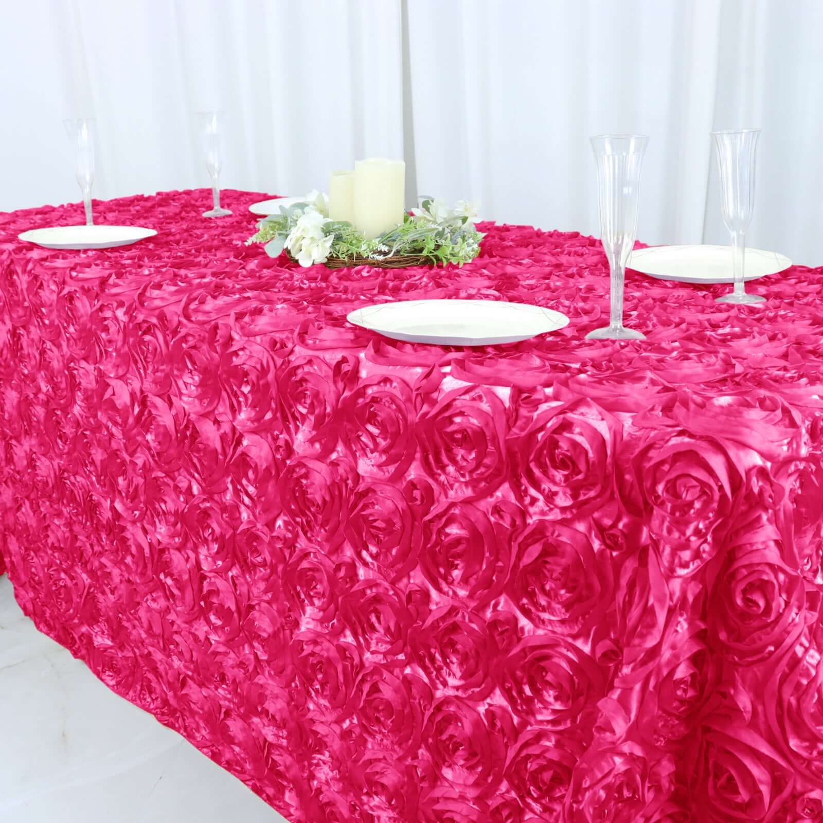 Satin 90"x132" Rectangle Tablecloth Fuchsia - Grandiose 3D Rosette Seamless Table Cover
