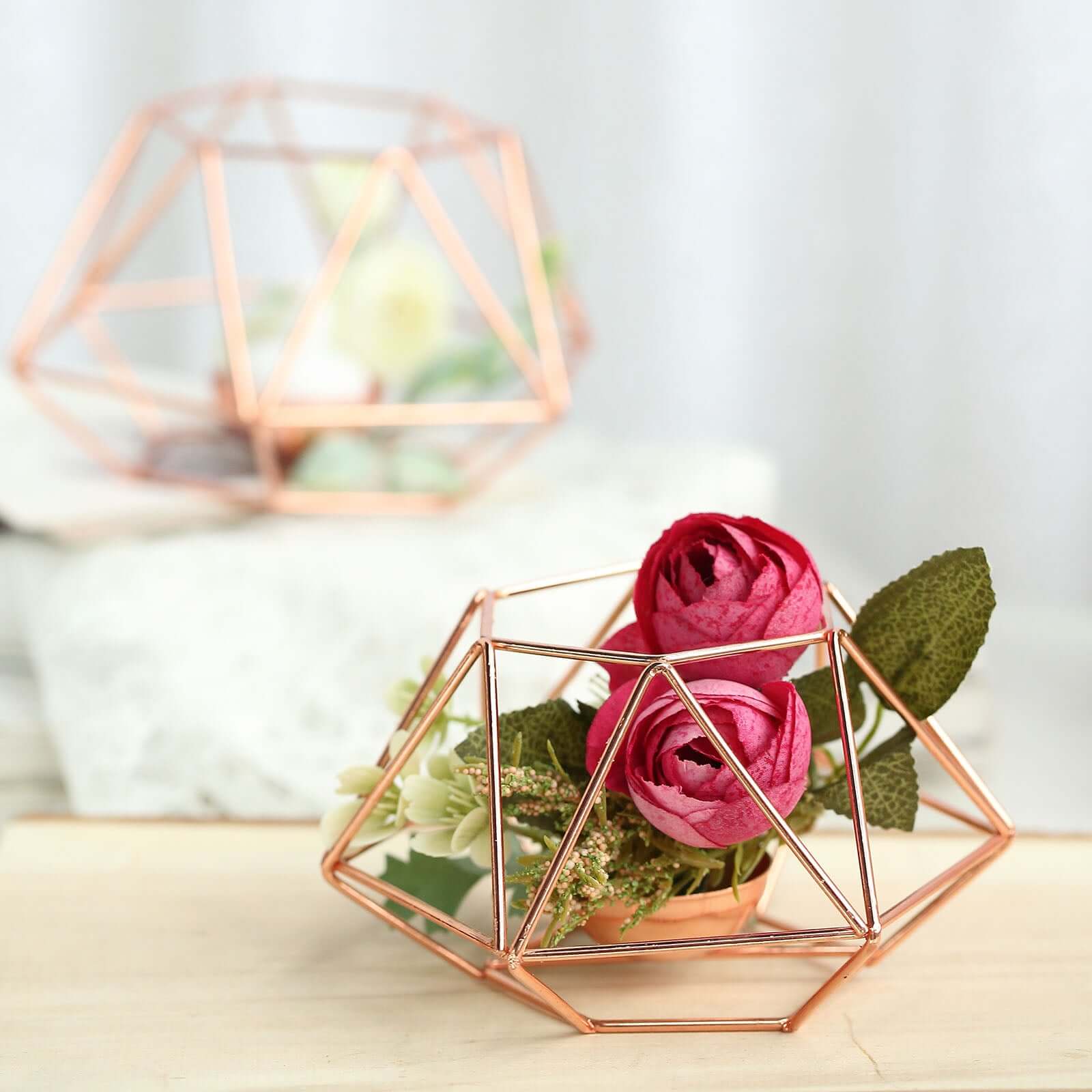 Set of 2 Candle Holders Metal Hexagon Geometric Design Rose Gold - Modern Decorative Centerpieces for Tables 4"x3"