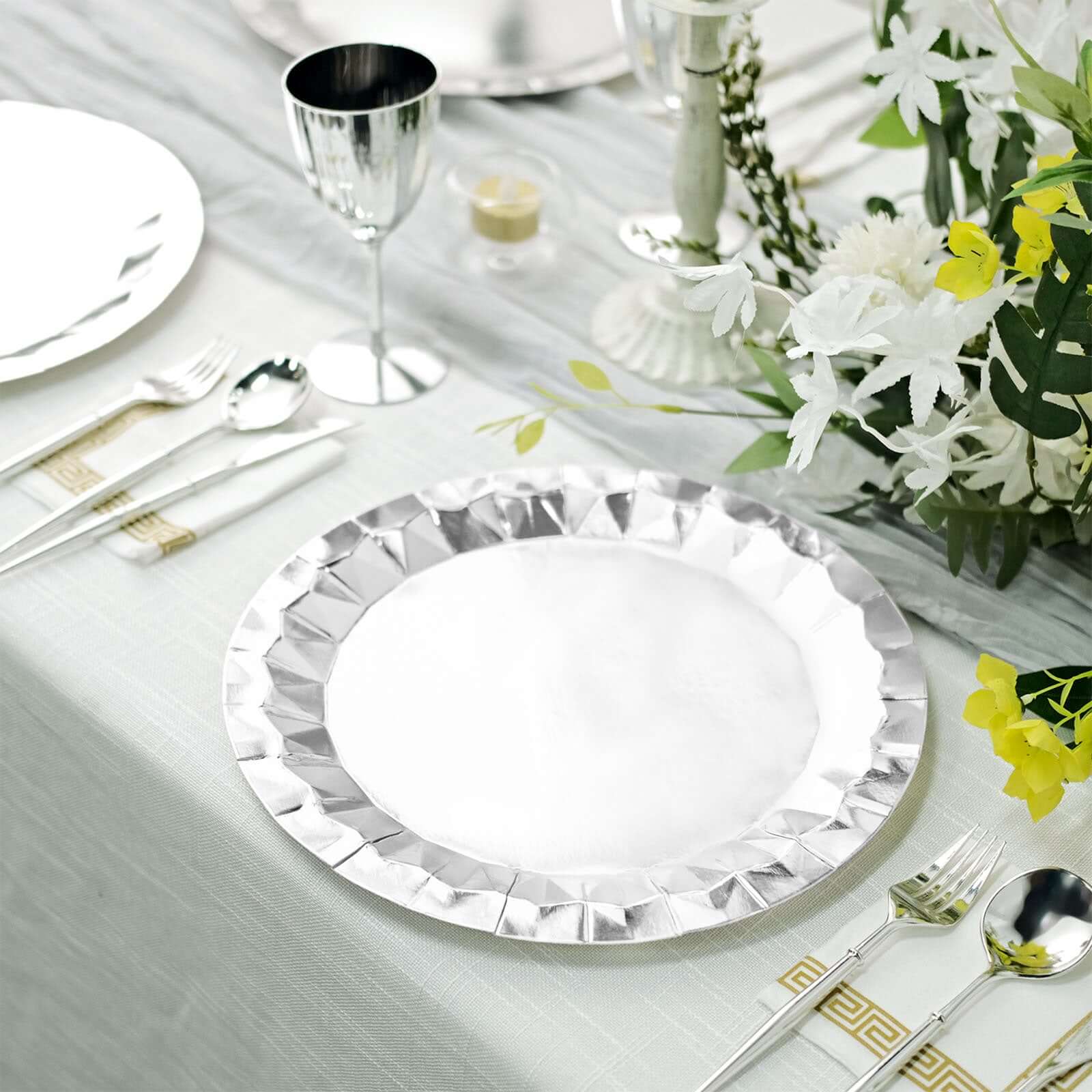 25-Pack Paper 12" Round Charger Plates in Metallic Silver with Geometric Prism Design - Disposable 400GSM Serving Trays