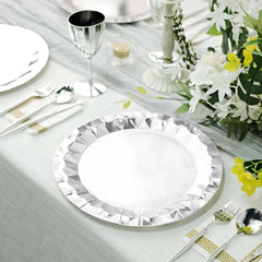 25-Pack Paper 12" Round Charger Plates in Metallic Silver with Geometric Prism Design - Disposable 400GSM Serving Trays