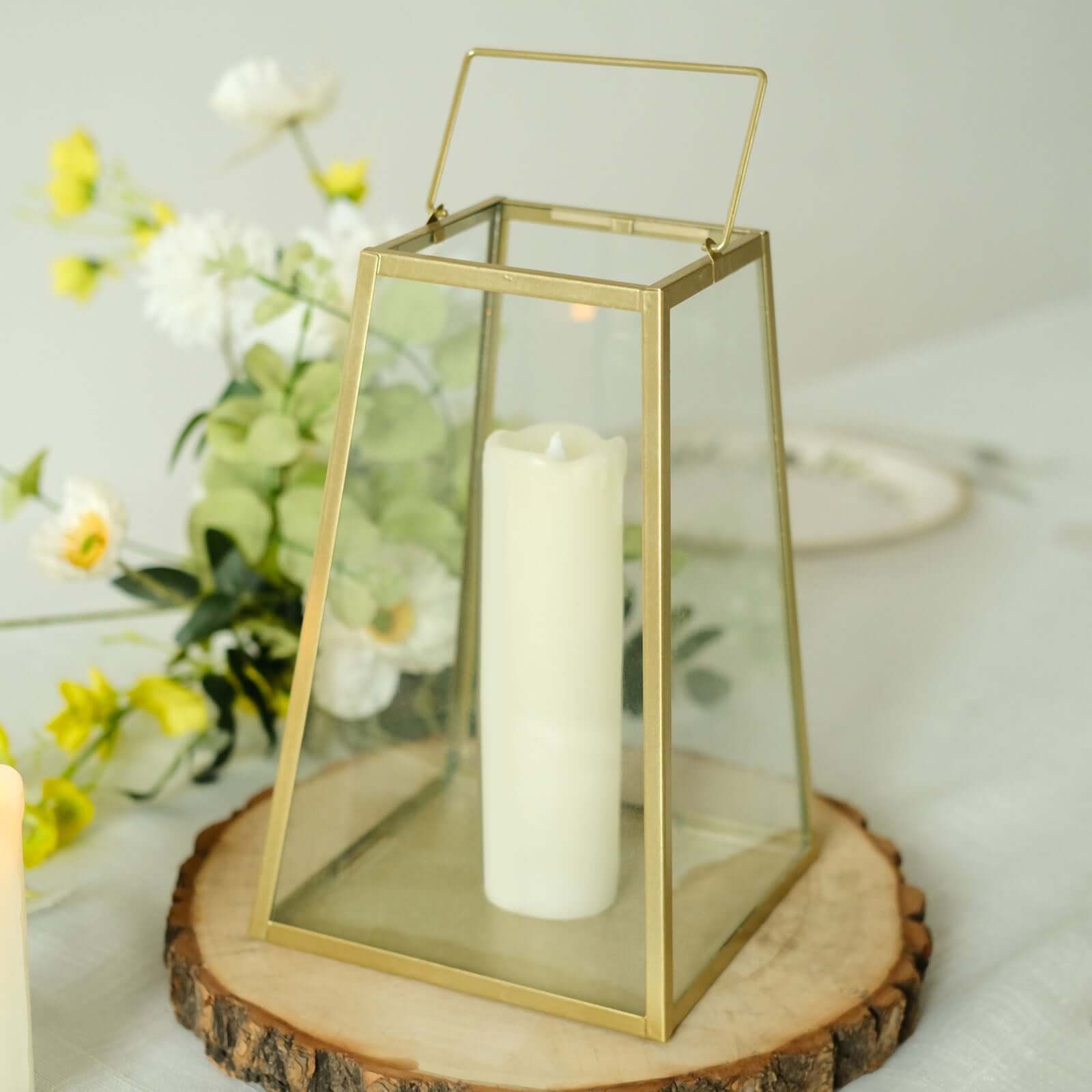 Metal Candle Lantern Trapezoid Geometric Design Gold - Hanging Terrarium Table Centerpiece for Indoor/Outdoor 10"