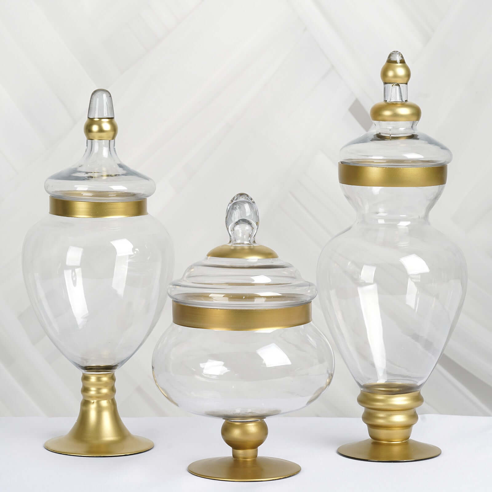 Set of 3 Glass Candy Jars Apothecary Design Gold Trim with Snap-On Lids - Large Stylish Containers for Parties 10"/14"/16"