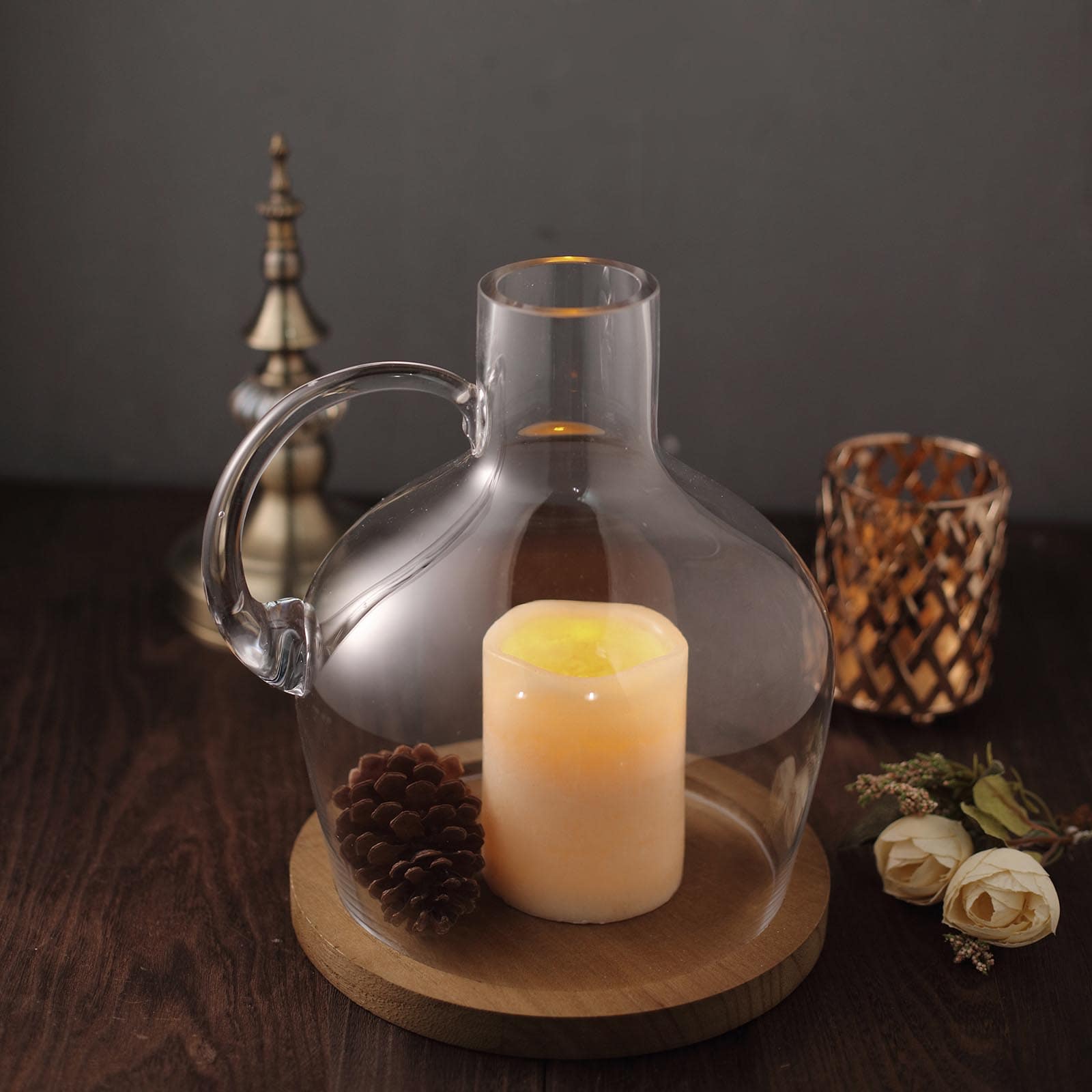 Glass Candle Holder Cloche Jar Dome Clear with Wooden Base - Stylish Centerpiece for Floral Displays 10"