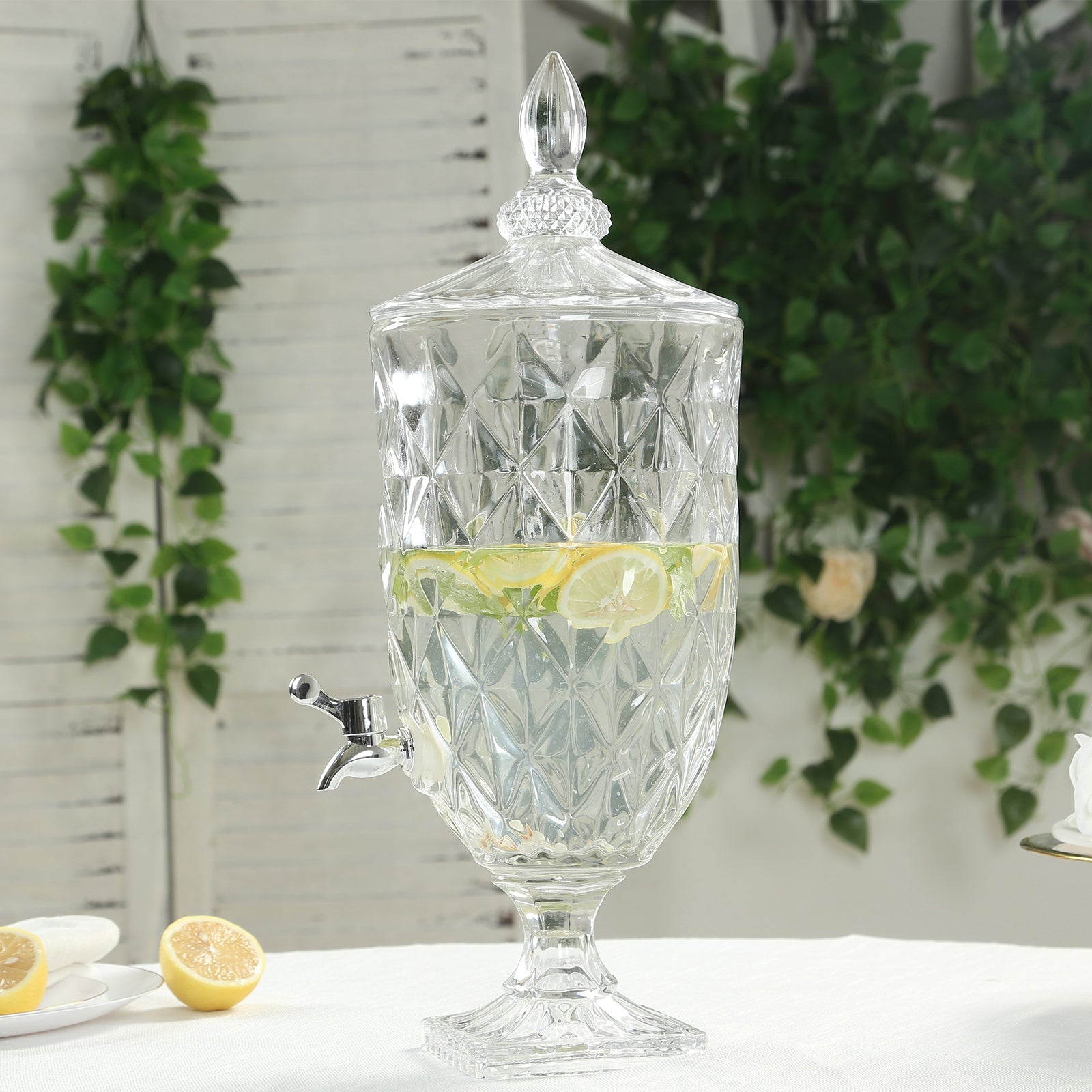 1.3 Gallon Glass Beverage Dispenser, Apothecary Jar Style Party Drink Dispenser with Diamond Texture and Lid - Versatile Serving Feature 21"