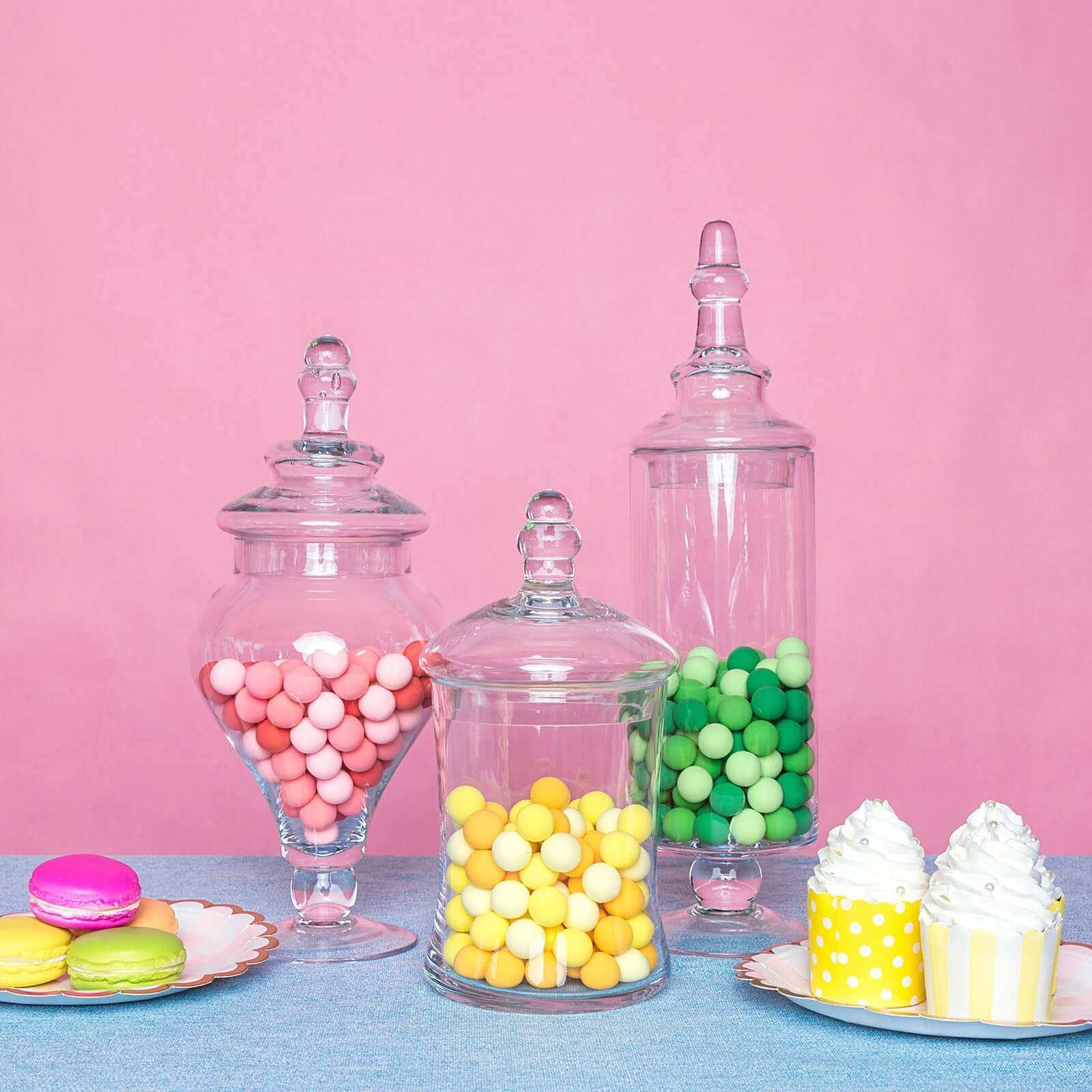 Set of 3 Glass Candy Jars Modern Apothecary Design Clear with Snap-On Lids - Stylish Party Favor Containers 9"/13"/14"
