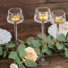 Set of 3 Glass Pedestal Vases Long Stem Clear - Tall Disc Candle Holders for Floral Centerpieces 8", 9", 10"