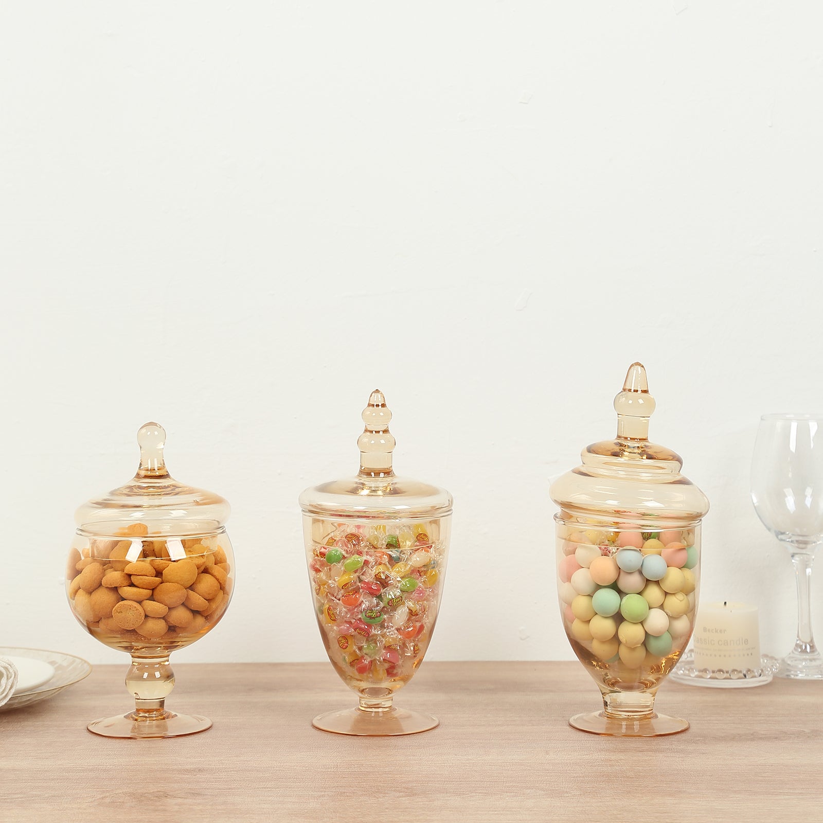 Set of 3 Glass Jars Apothecary Design Amber Gold and Snap-On Lids - Stylish Decorative Candy Buffet Storage 8.5", 9", 10"